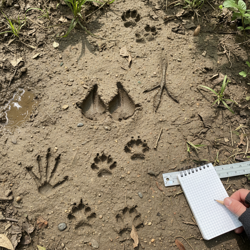 Illustrated overview of wild animal tracks with notes on toes, claws, and gait patterns.