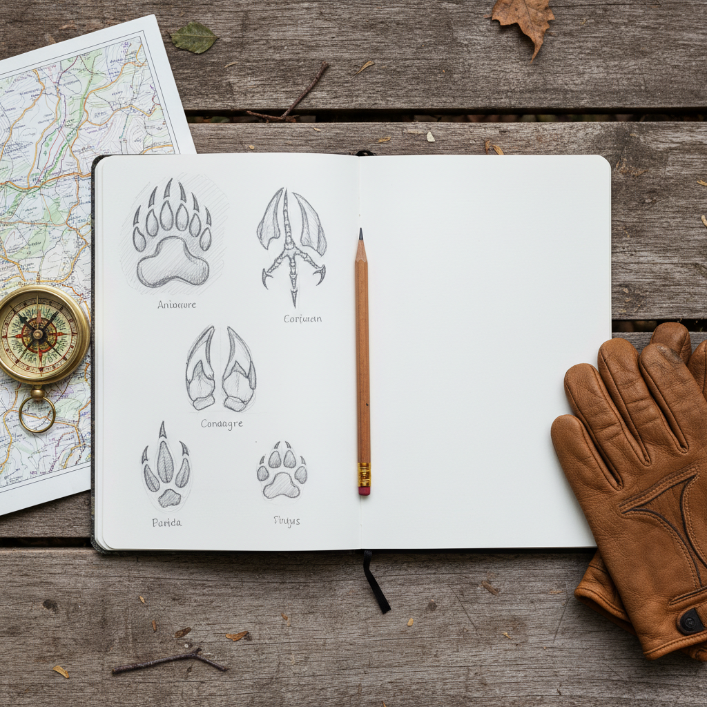 Chart of 20 common wild animal tracks with labeled paw and hoof shapes.