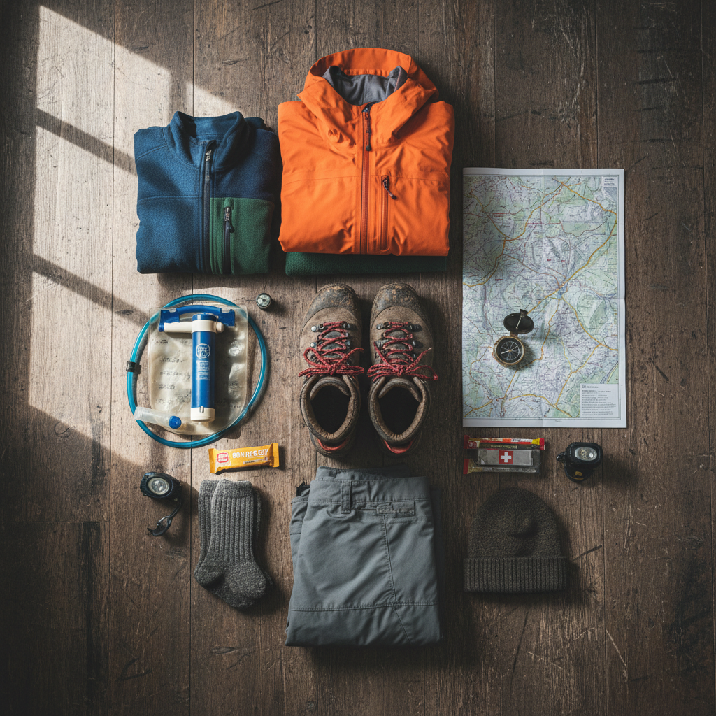 Organized layout of trekking boots, water purification device, layered clothing, and map.