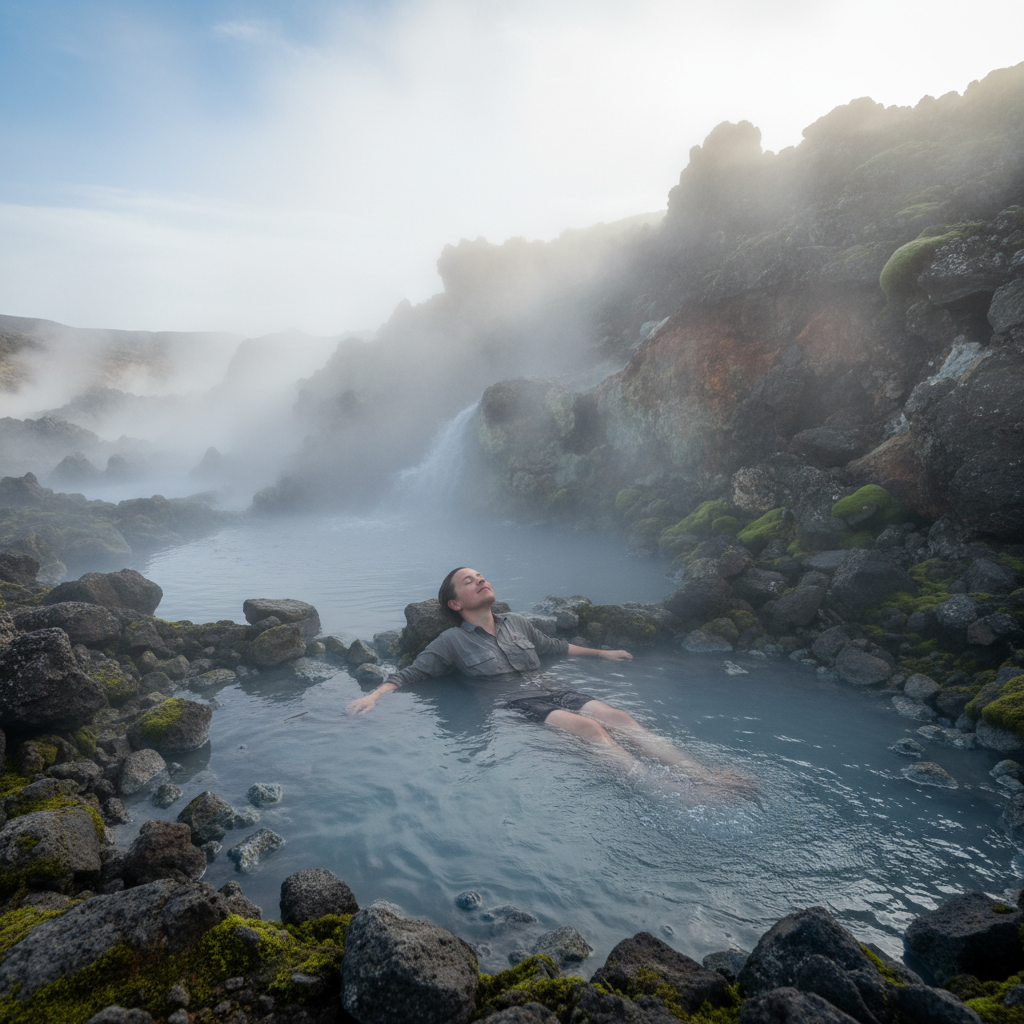 Traveler in a geothermal hot spring surrounded by steam and volcanic rock